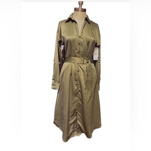 French Connection Olive Green Long Button Down Shirt Dress w/Belt Women's Small